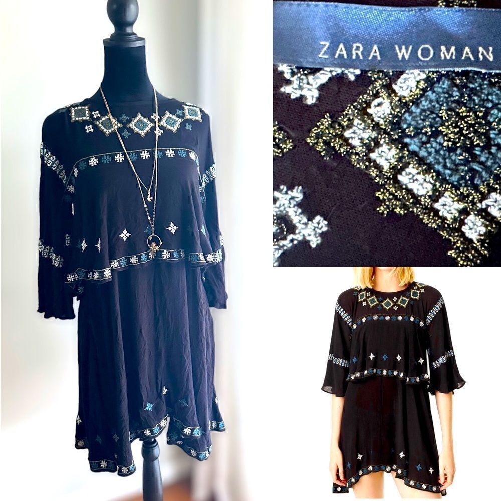 ZARA Embroidered Boho Festival Layered dress Size XS